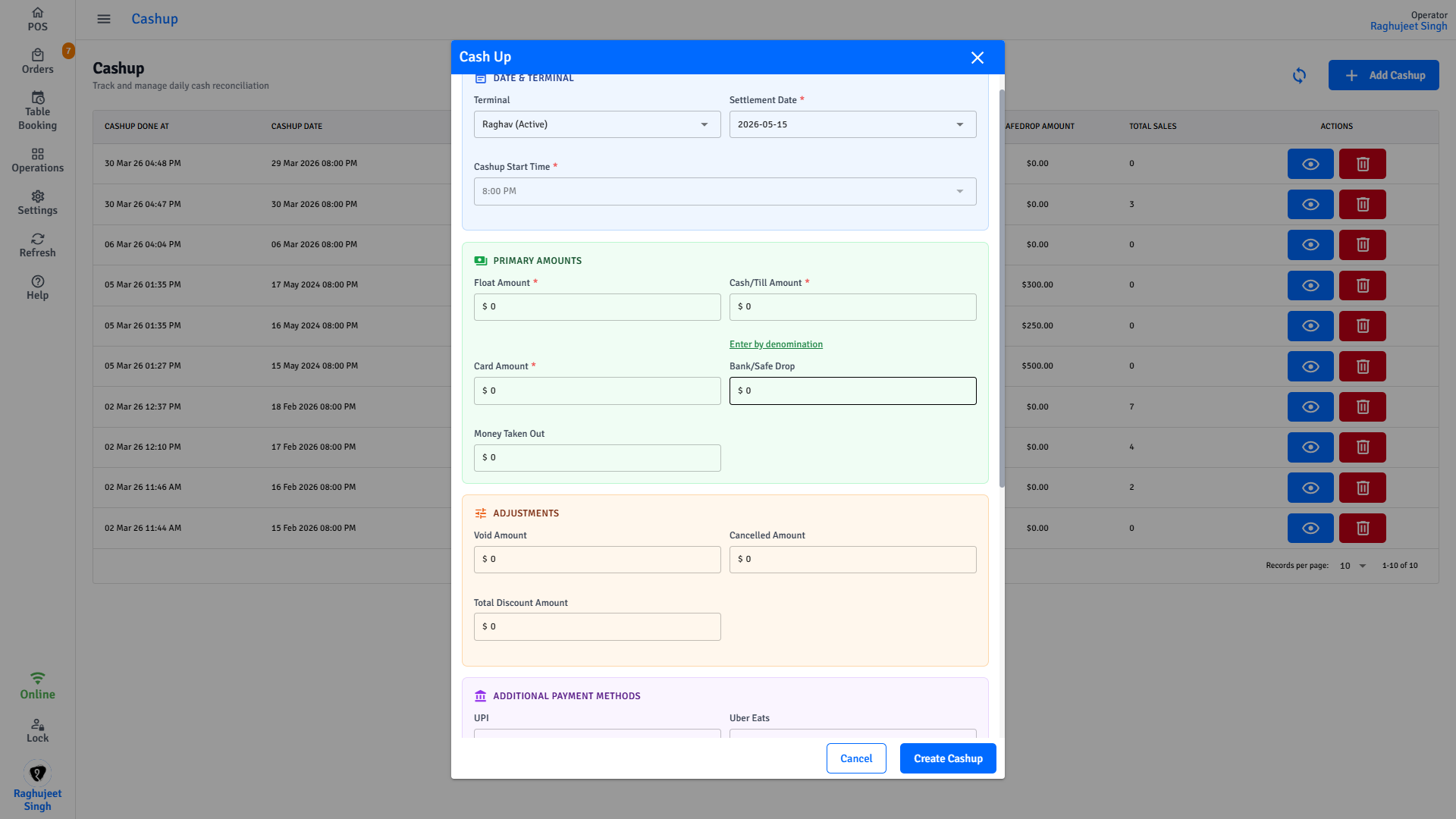Pratham POS Cash Reconciliation Form Pratham POS cash reconciliation form — enter actual till and EFTPOS amounts for end-of-shift cash-up