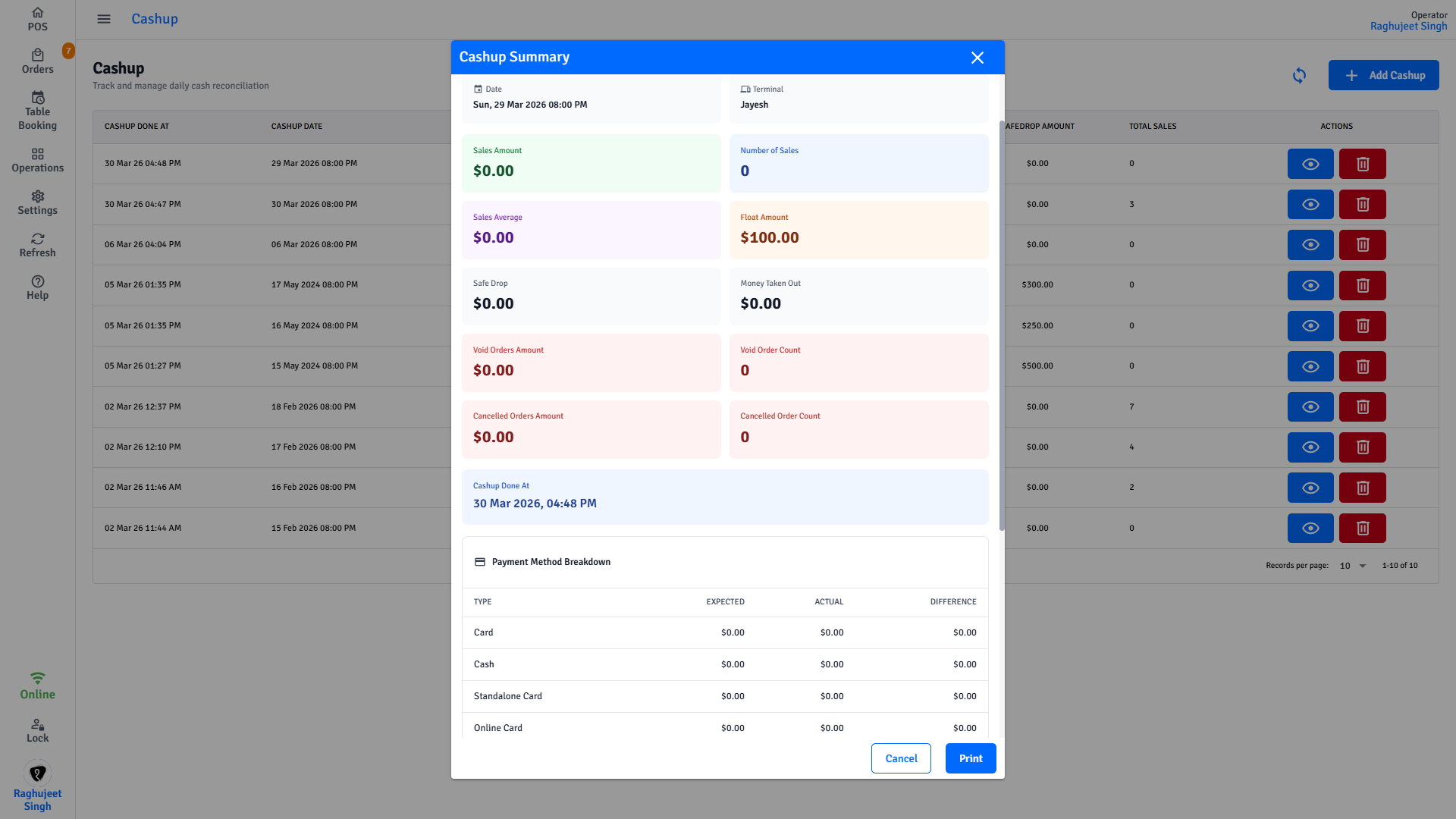 Pratham POS Cash Reconciliation Report Pratham POS cash reconciliation report — completed cash-up with sales summary, discrepancies, and payment breakdown