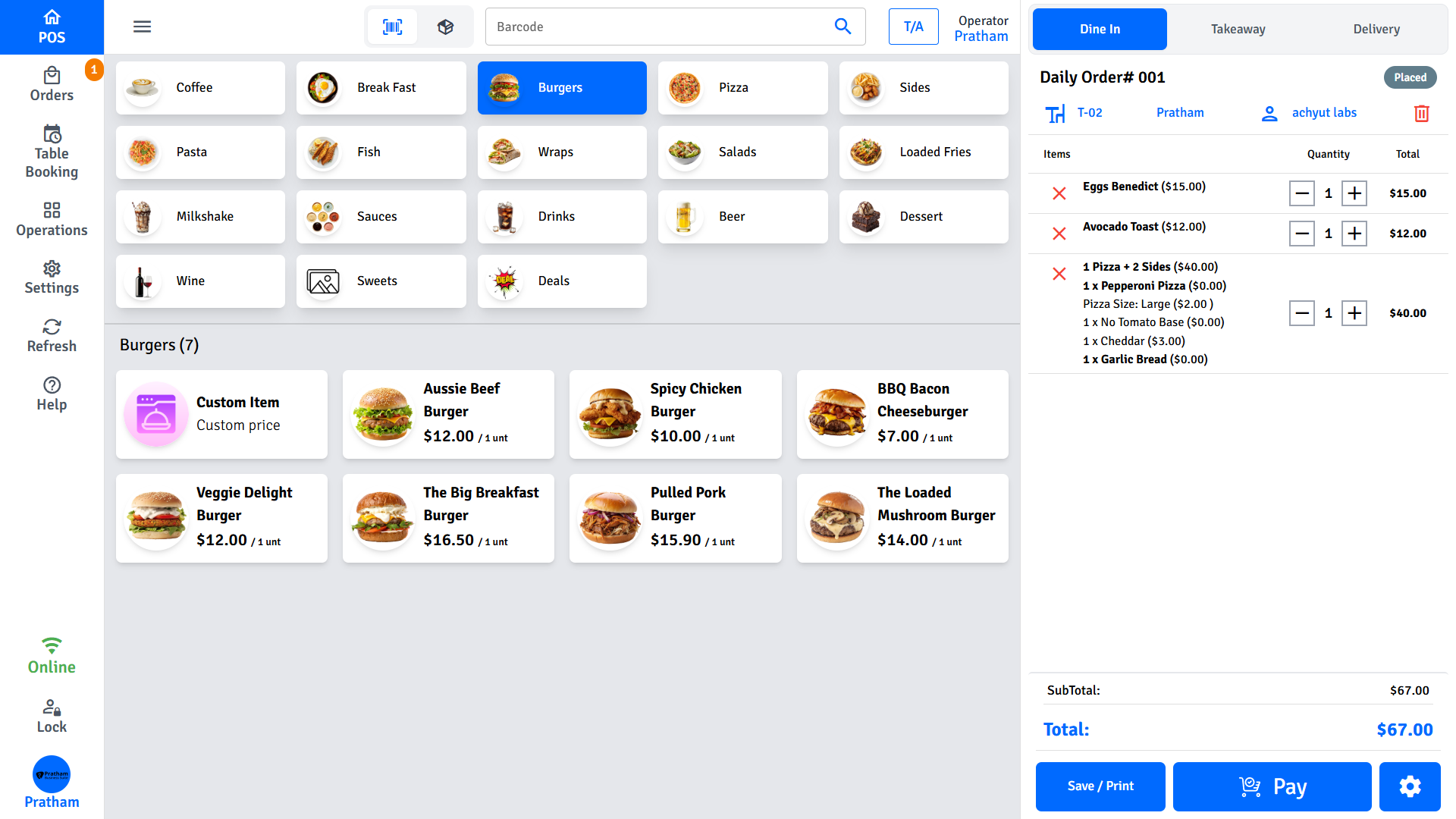 Pratham POS Home Screen Pratham POS home screen — product grid, cart panel, and navigation sidebar