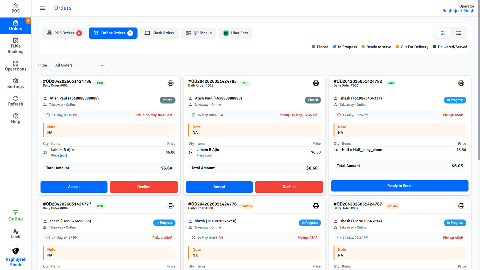 Pratham POS Online Order Management Pratham POS online order management — accept or decline incoming online orders