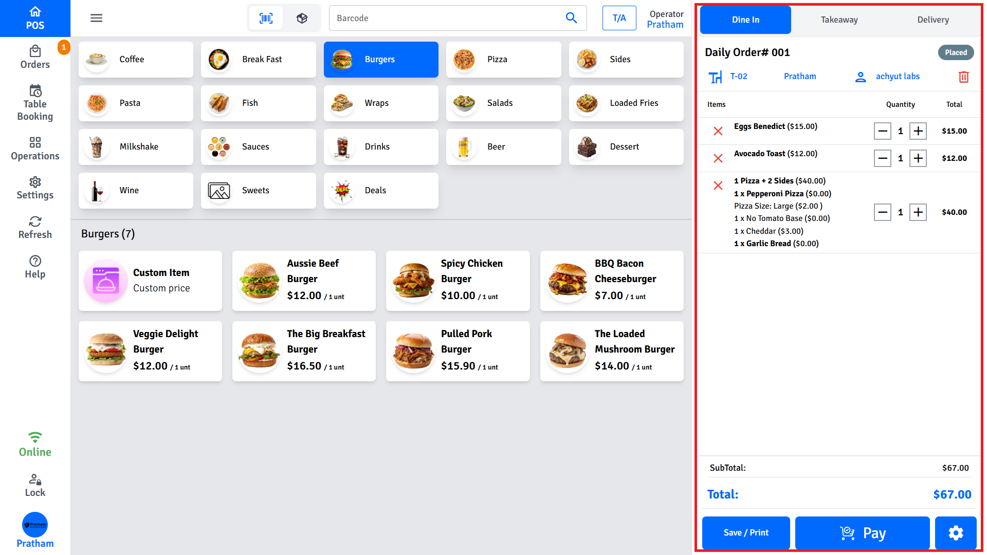 Pratham POS Order Cart Pratham POS order cart — items, quantities, modifiers, and checkout button