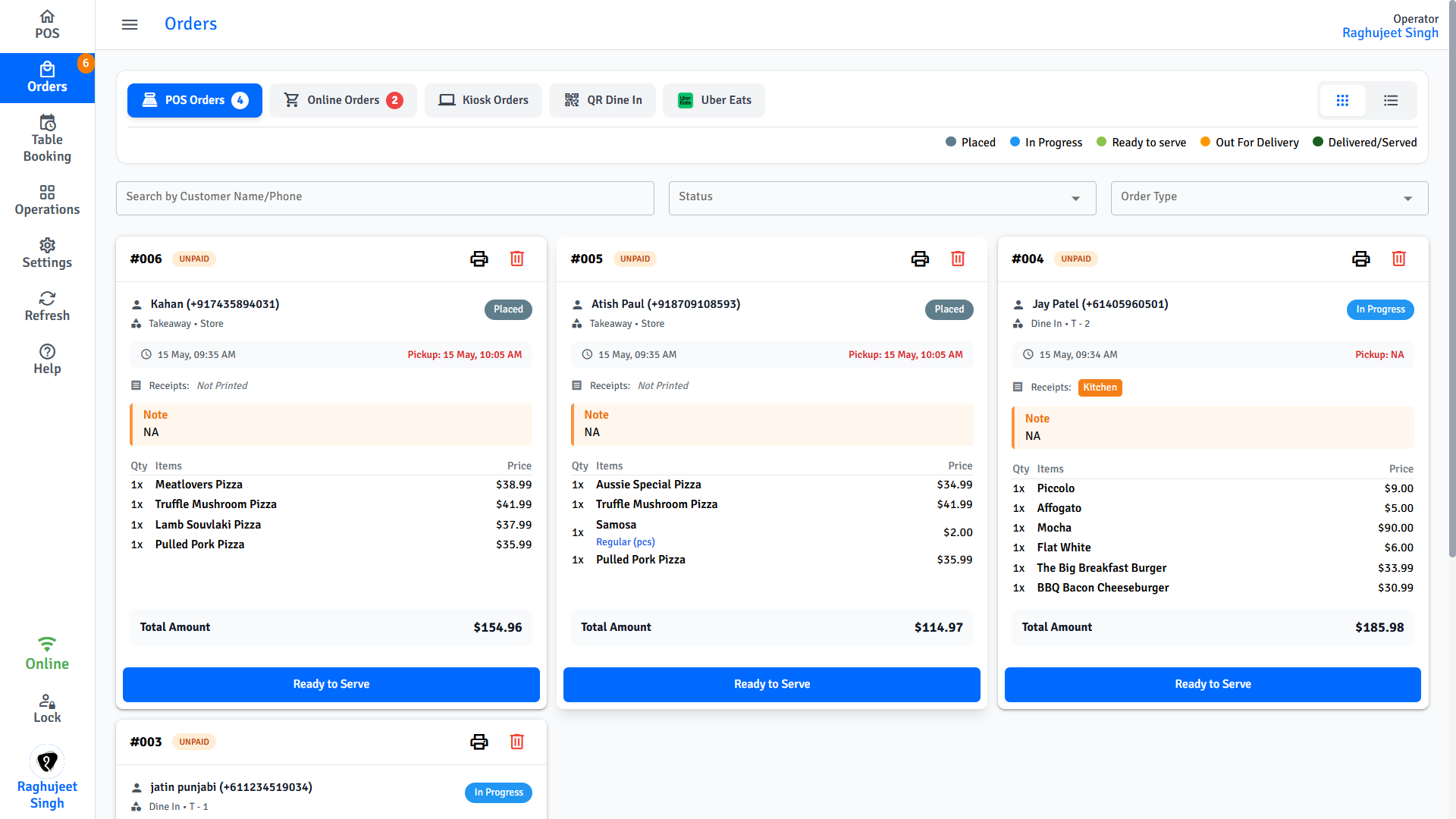 Pratham POS Order Management Pratham POS order management screen — view and manage all active POS orders