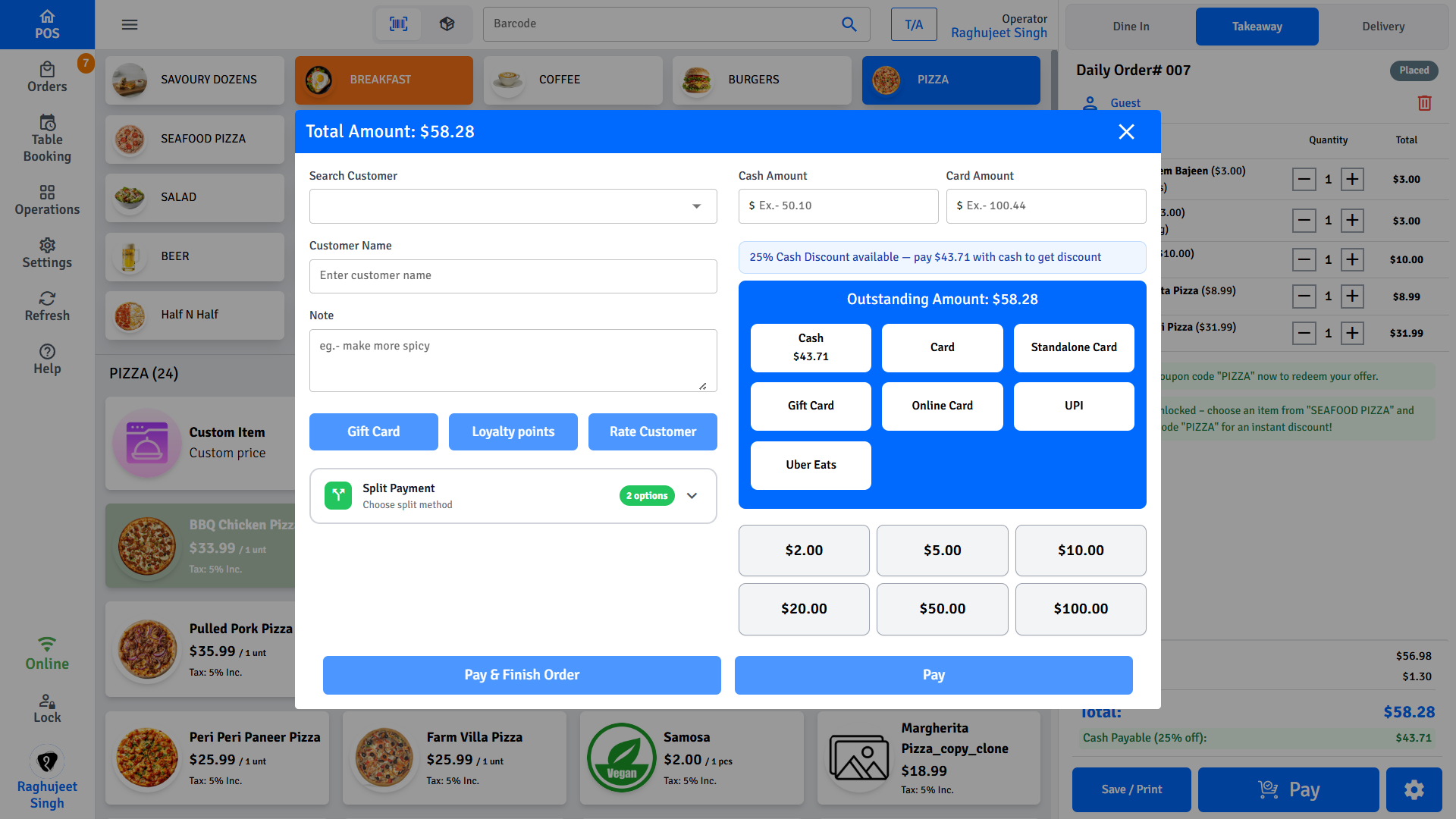 Pratham POS Payment Checkout Pratham POS payment checkout — select cash, card, or gift card to process payment