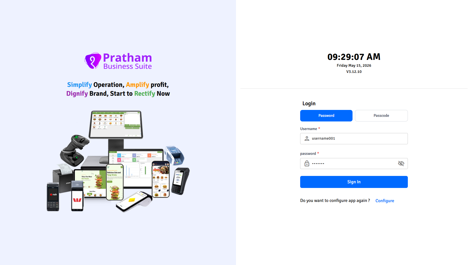 Pratham POS Staff Login Pratham POS staff login screen — enter username and password to sign in