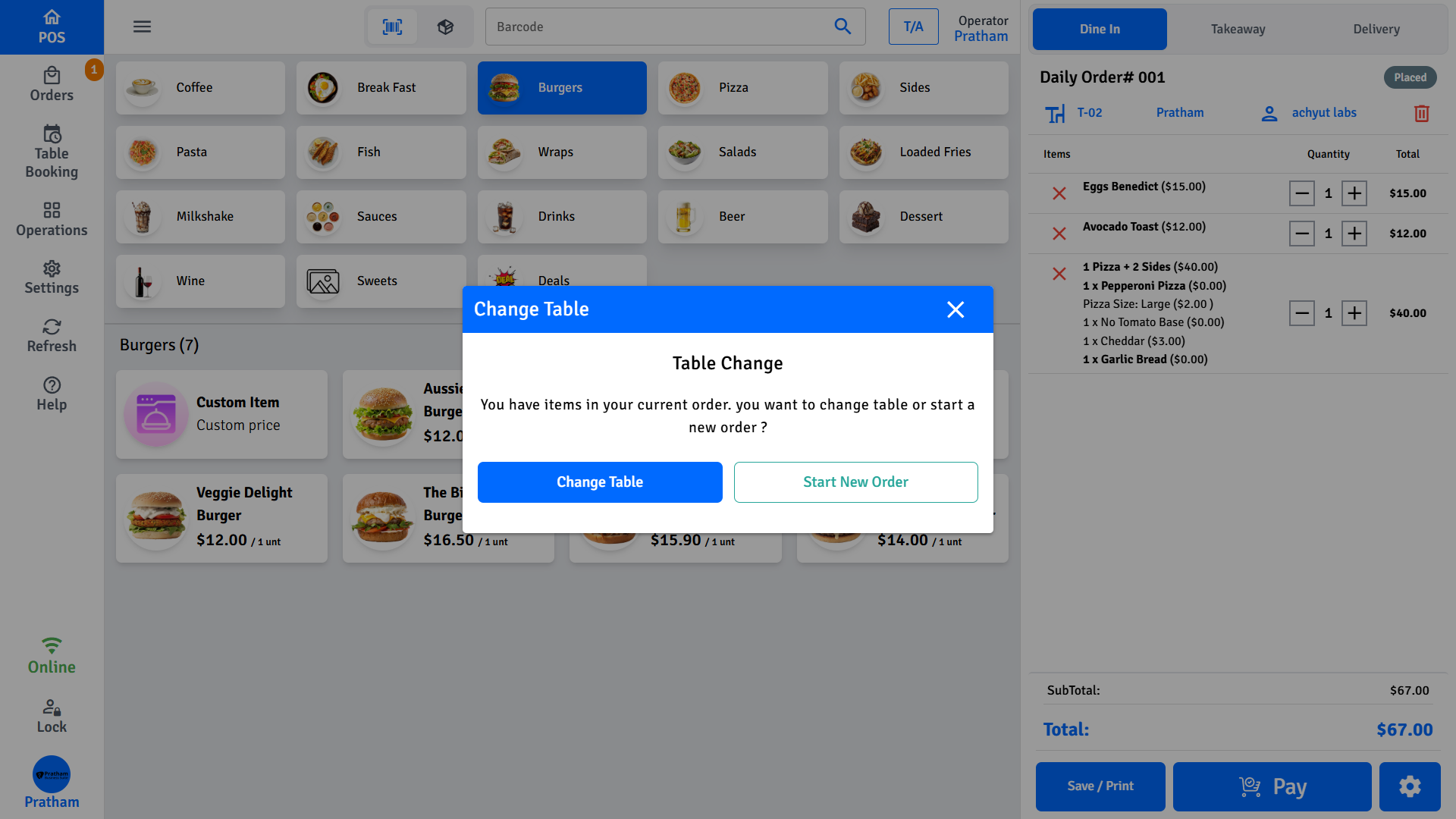 Pratham POS Table Transfer Pratham POS table transfer — reassign an active dine-in order to a different table