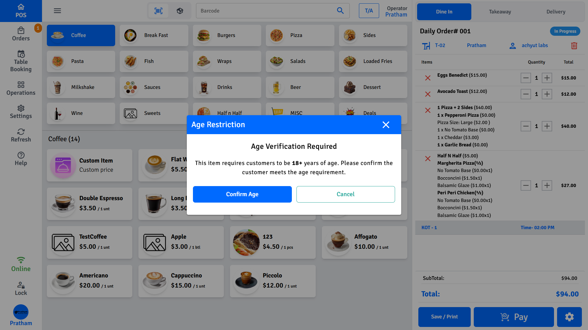 Pratham POS Age Restriction Check Pratham POS age restriction check — staff confirm customer meets minimum age before adding age-restricted product