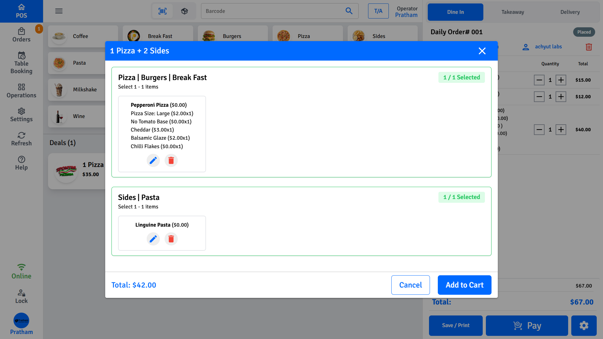 Pratham POS Combo Deal Builder Pratham POS combo deal builder — select items for each group in a combo or BOGO deal