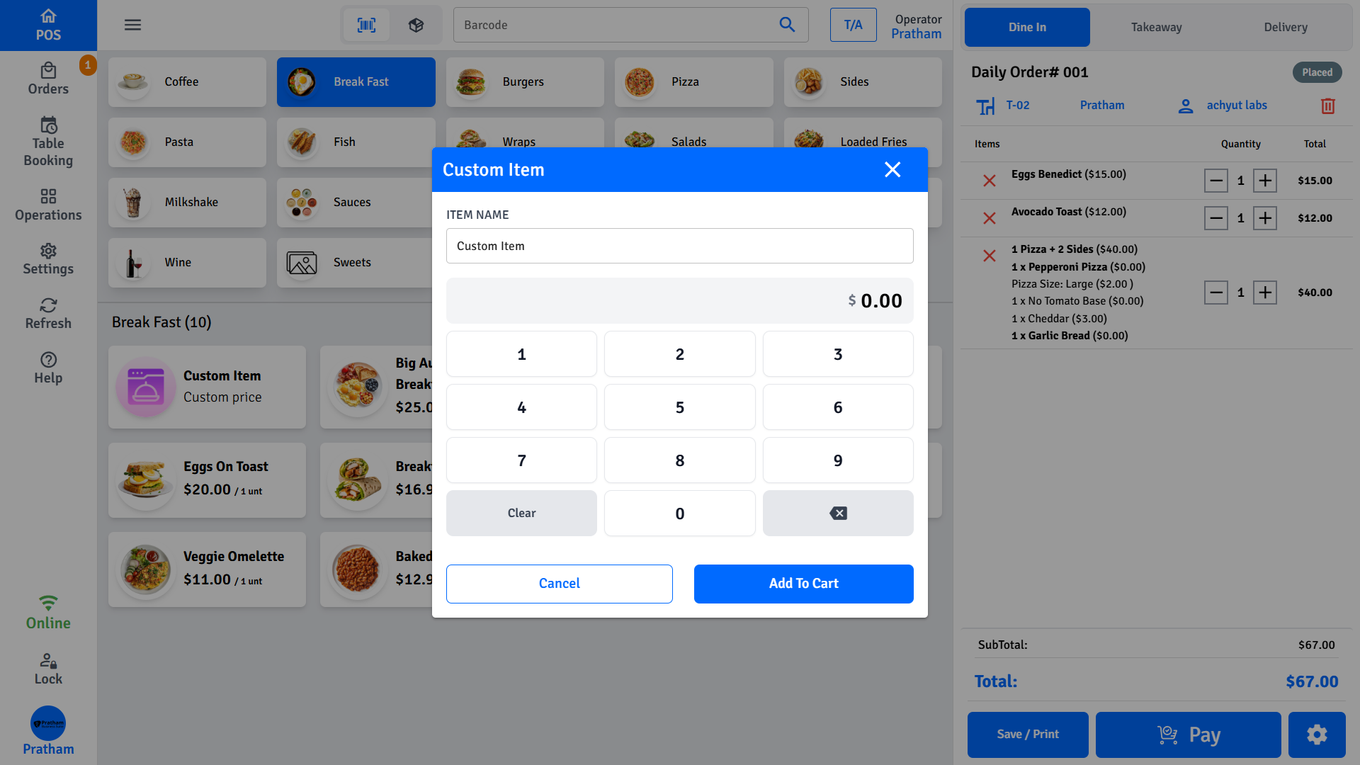 Pratham POS Custom Item Entry Pratham POS custom item entry — quickly add a one-off item with name, price, and tax selection