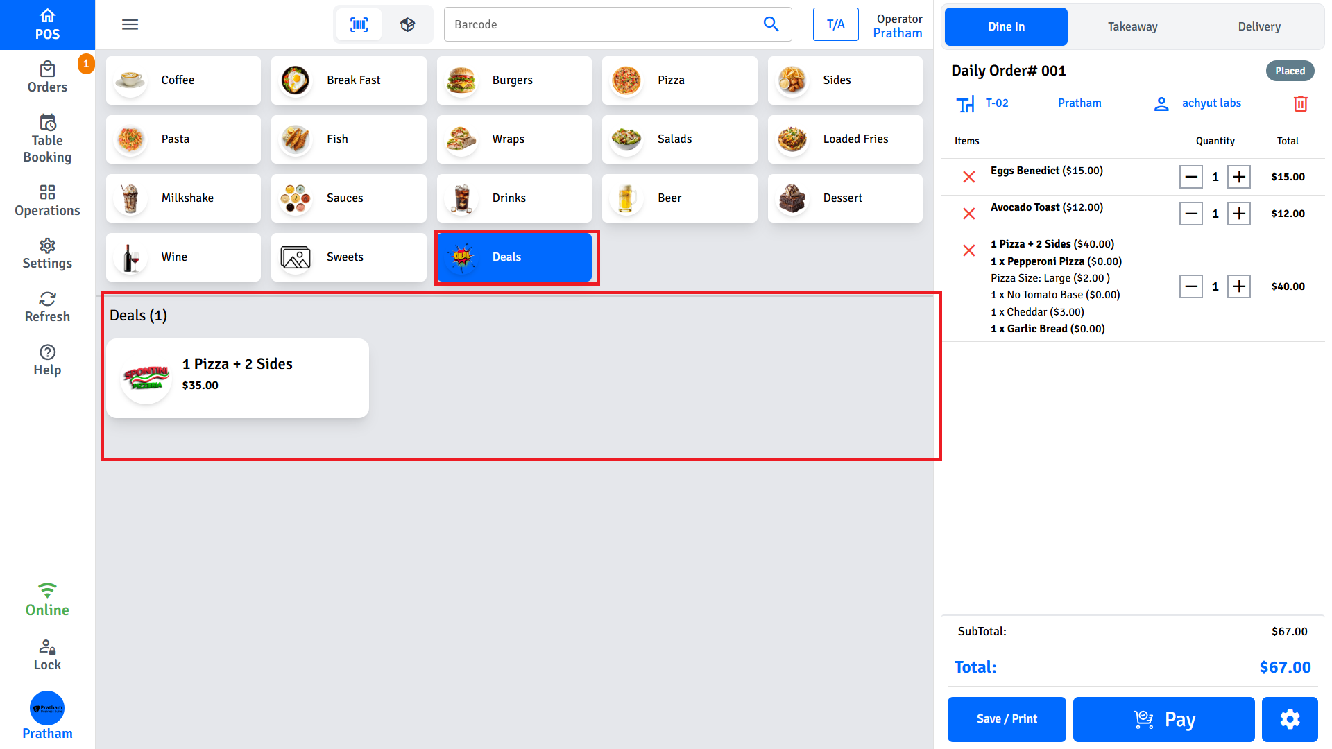 Pratham POS Deals Menu Pratham POS deals menu — combo, BOGO, and bundle deals available on the product grid
