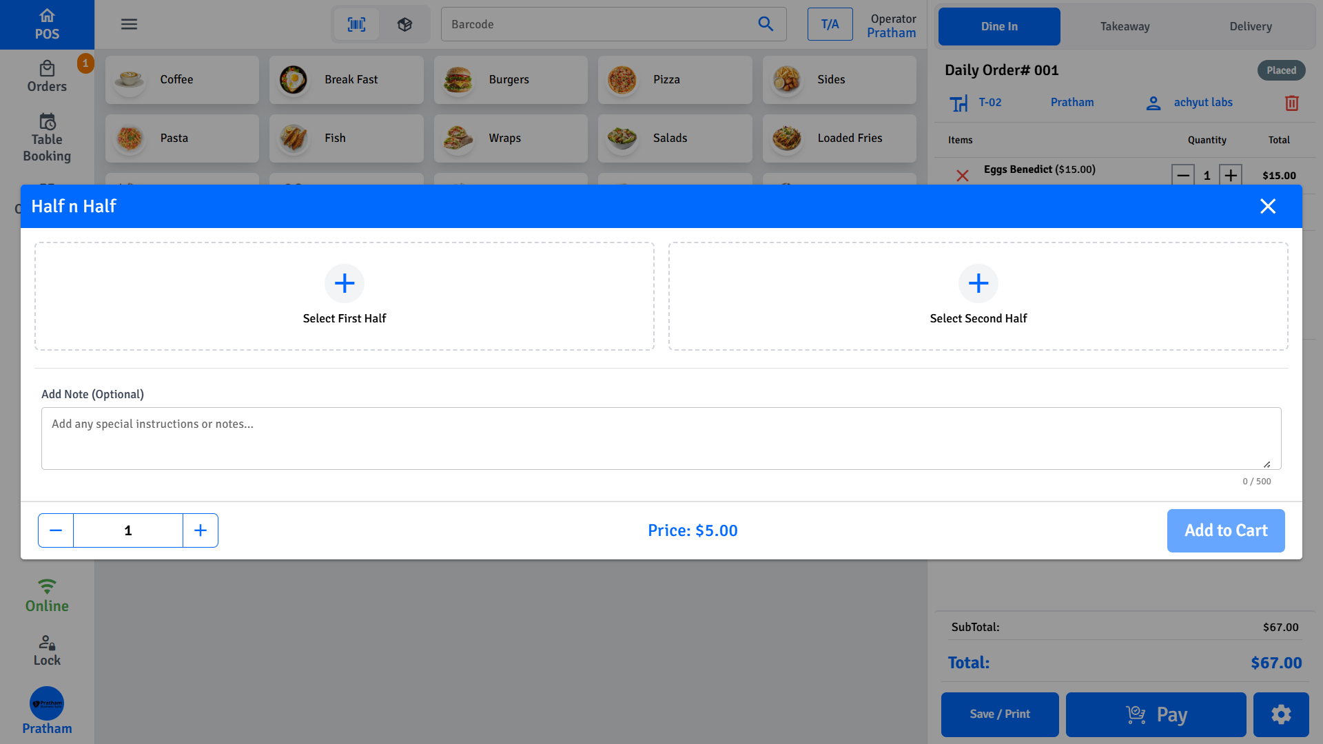 Pratham POS Half and Half Builder Pratham POS half and half builder — select two different products to split a single menu item