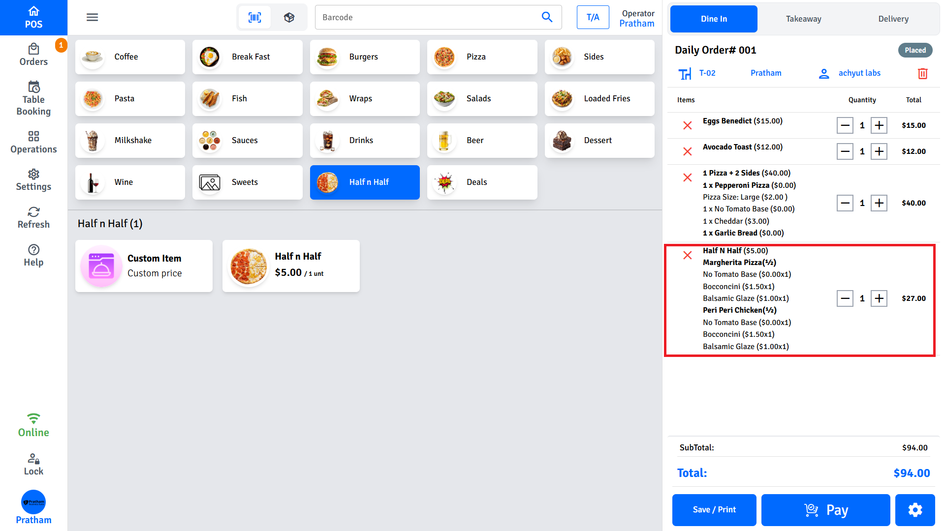 Pratham POS Half and Half Cart Item Pratham POS half and half cart item — single line item showing both halves and their respective modifiers