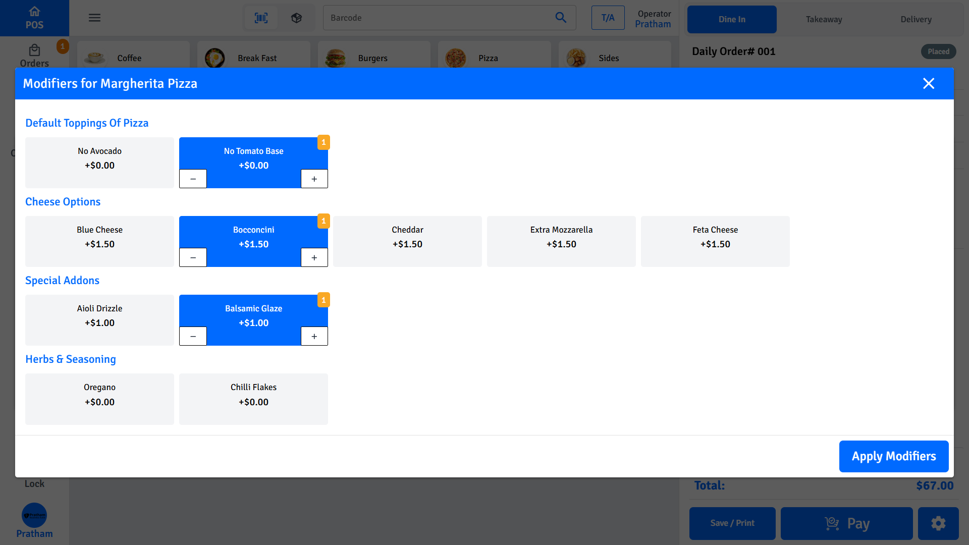 Pratham POS Half and Half Modifiers Pratham POS half and half modifiers — independently select modifiers for each half of the item