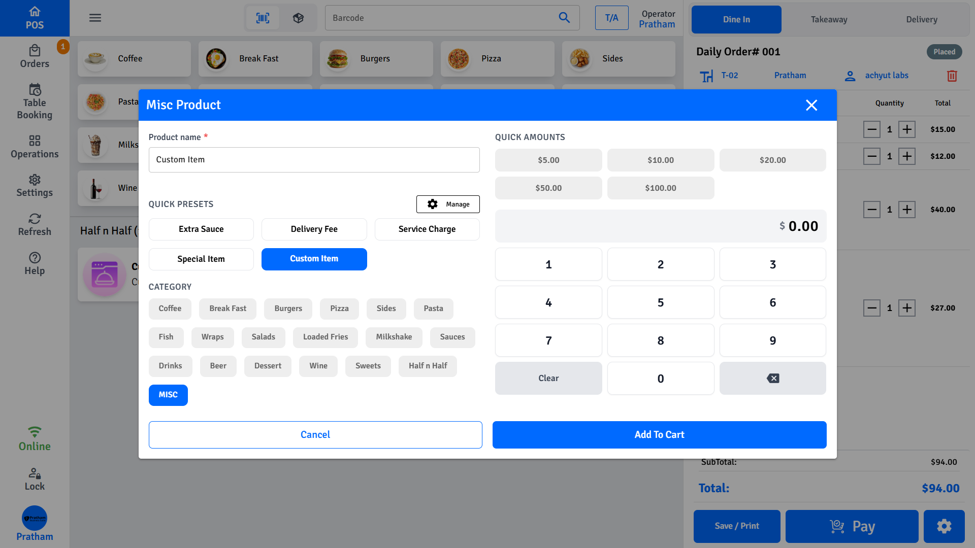 Pratham POS Misc Product Entry Pratham POS misc product entry — add an unlisted item with custom name, category, and price