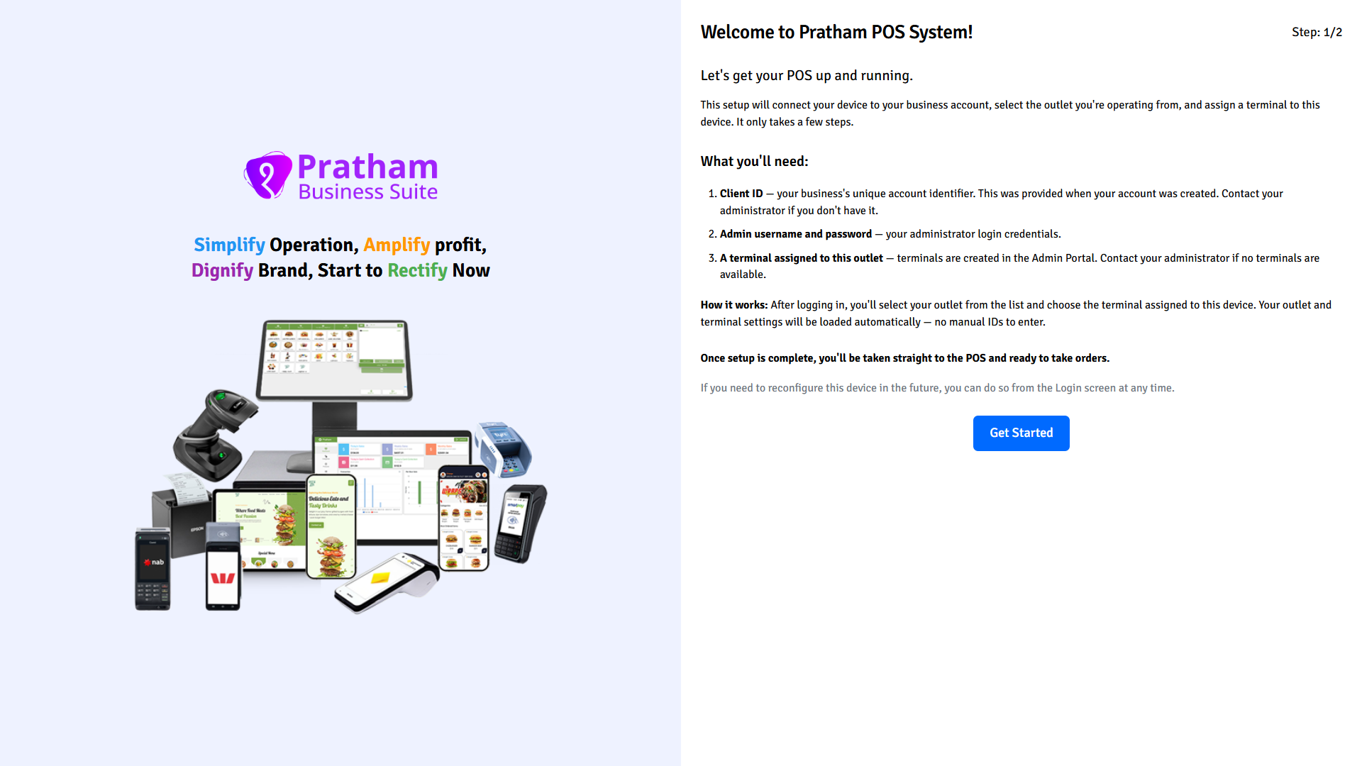 Pratham POS First-Time Setup Welcome Pratham POS first-time setup welcome screen — introduction and prerequisites for initial POS configuration