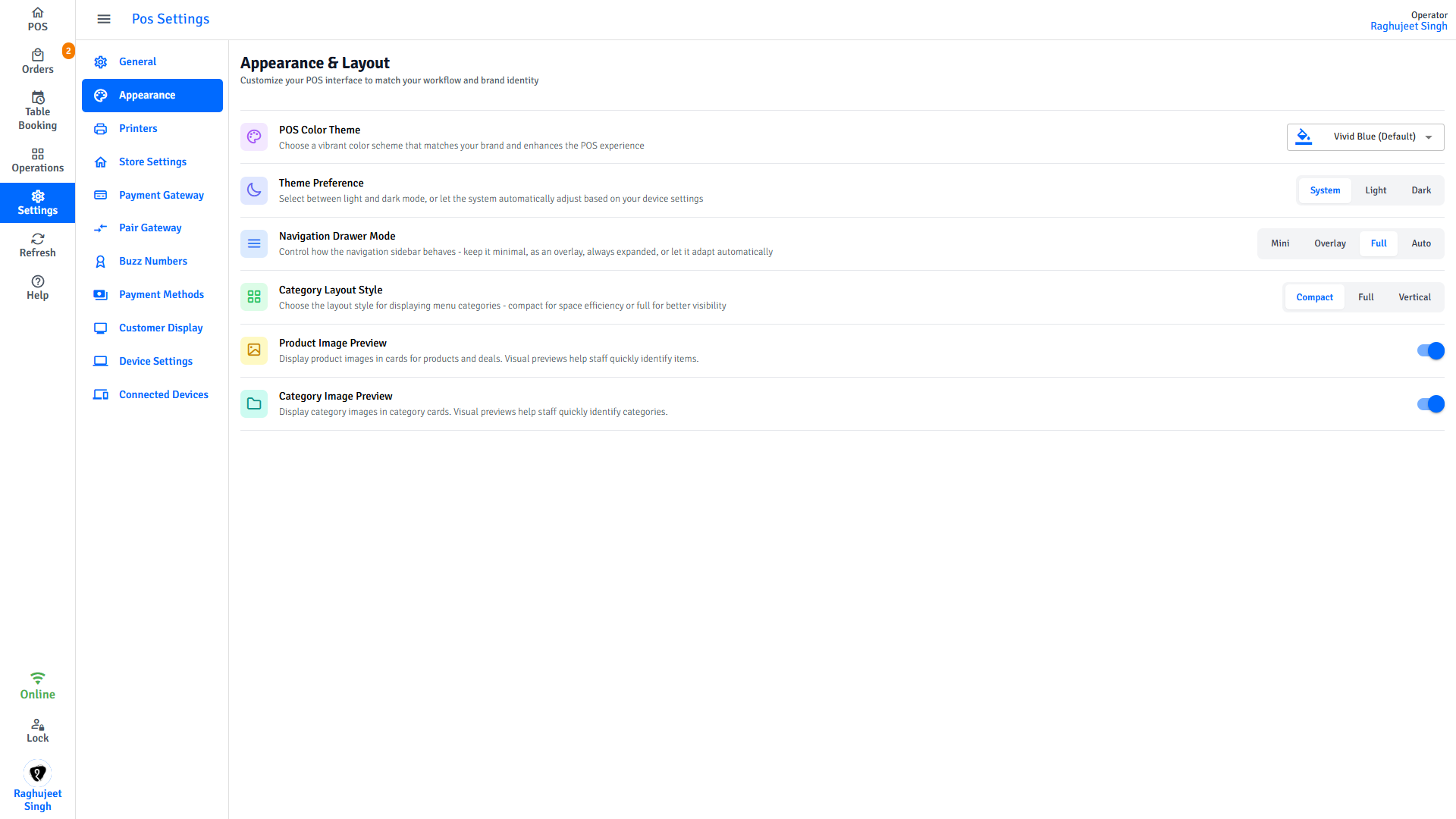 Pratham POS Appearance Settings Pratham POS appearance settings — configure theme colour, sidebar mode, and product card layout