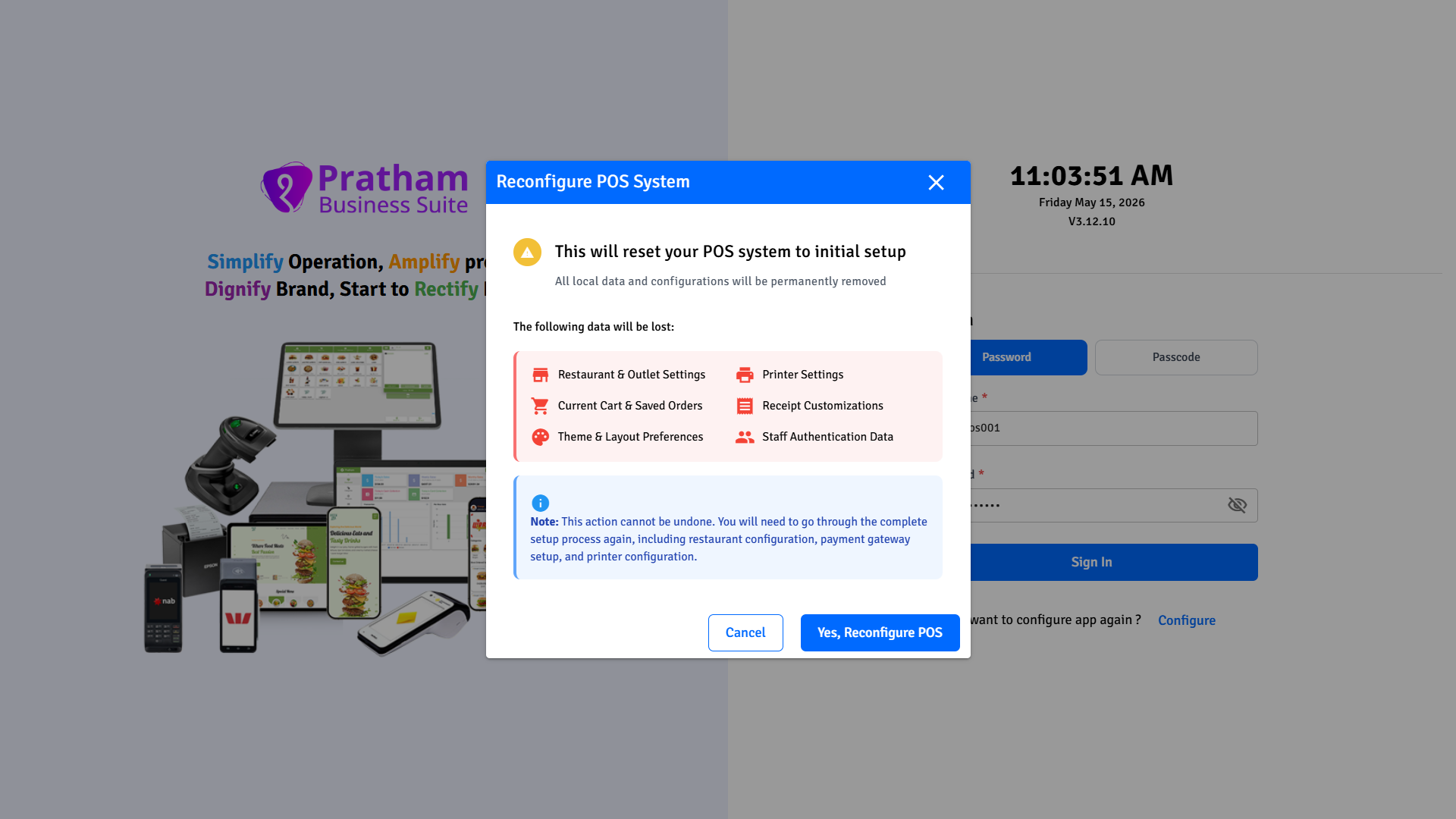 Pratham POS Reconfigure Confirmation Pratham POS reconfigure confirmation — lists all local device data that will be permanently deleted on reset