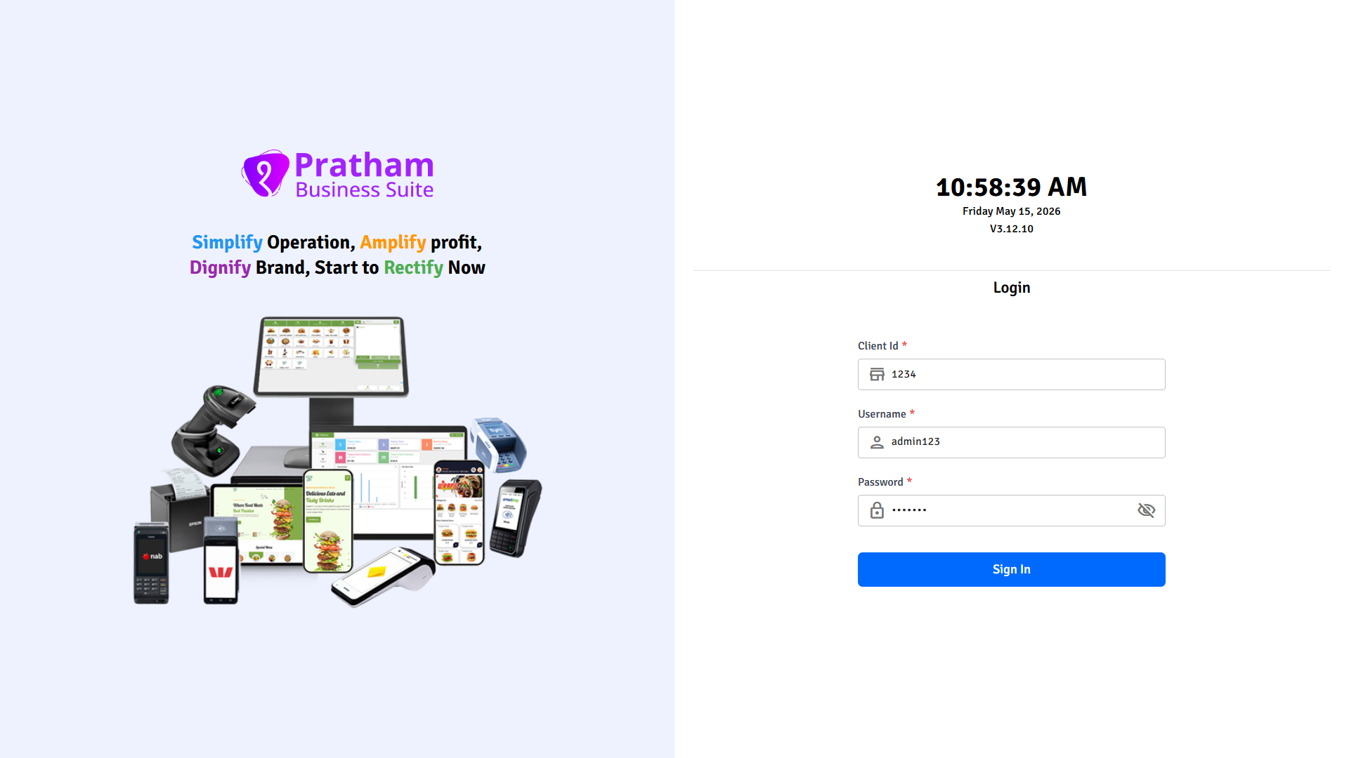 Pratham POS Setup Admin Login Pratham POS setup admin login — enter Client ID, username, and password to begin POS configuration