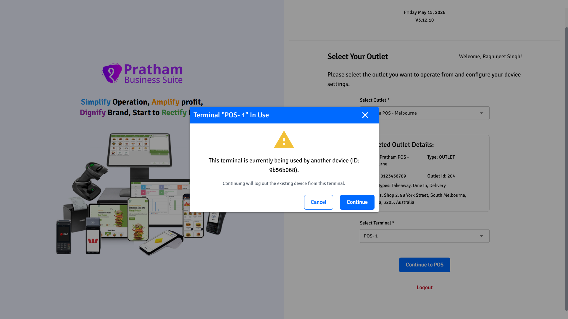 Pratham POS Terminal In Use Warning Pratham POS terminal in use warning — selected terminal is already registered on another device