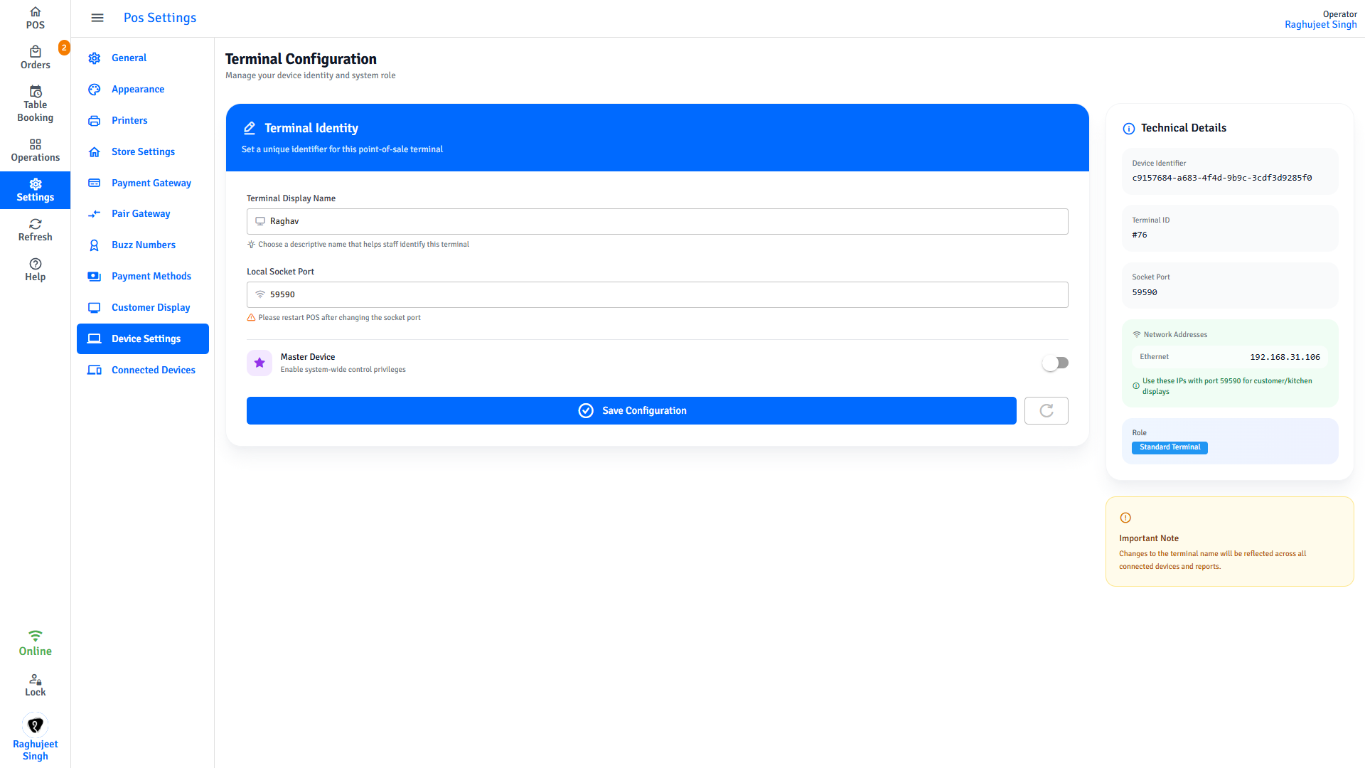 Pratham POS Terminal Configuration Pratham POS terminal configuration — configure terminal display name, socket port, and master device mode